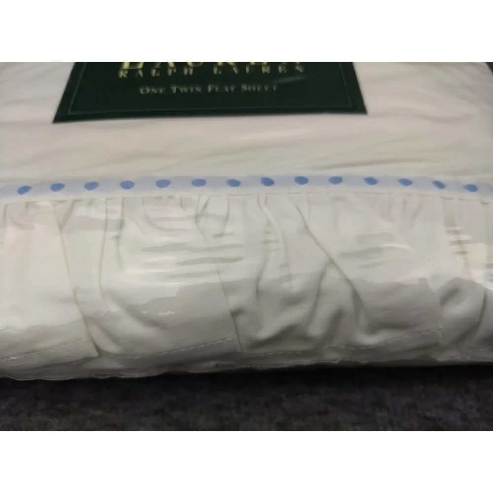 Ralph Lauren Twin Flat Sheet Elizabeth St Embroidered Blue Dot Ruffle Cotton NEW
